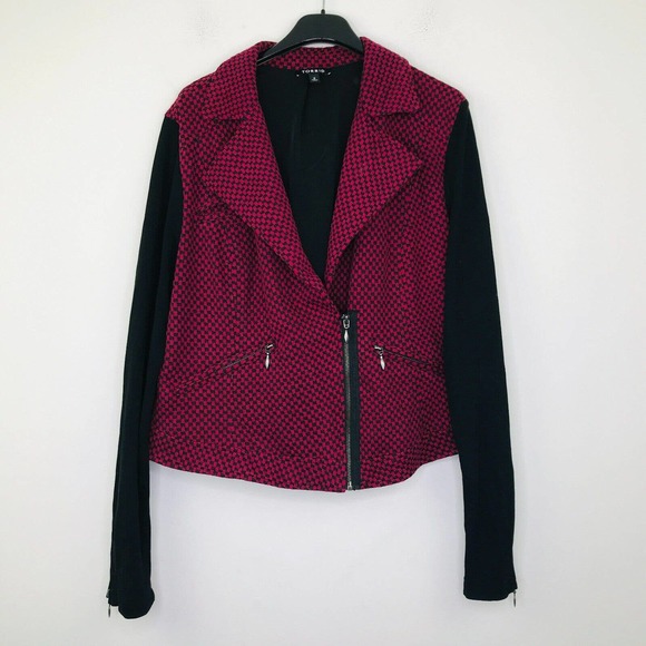 torrid Jackets & Blazers - Torrid Women's 2 Jacket Red Black Checkered Jacquard Moto Full Zip Lined CS4